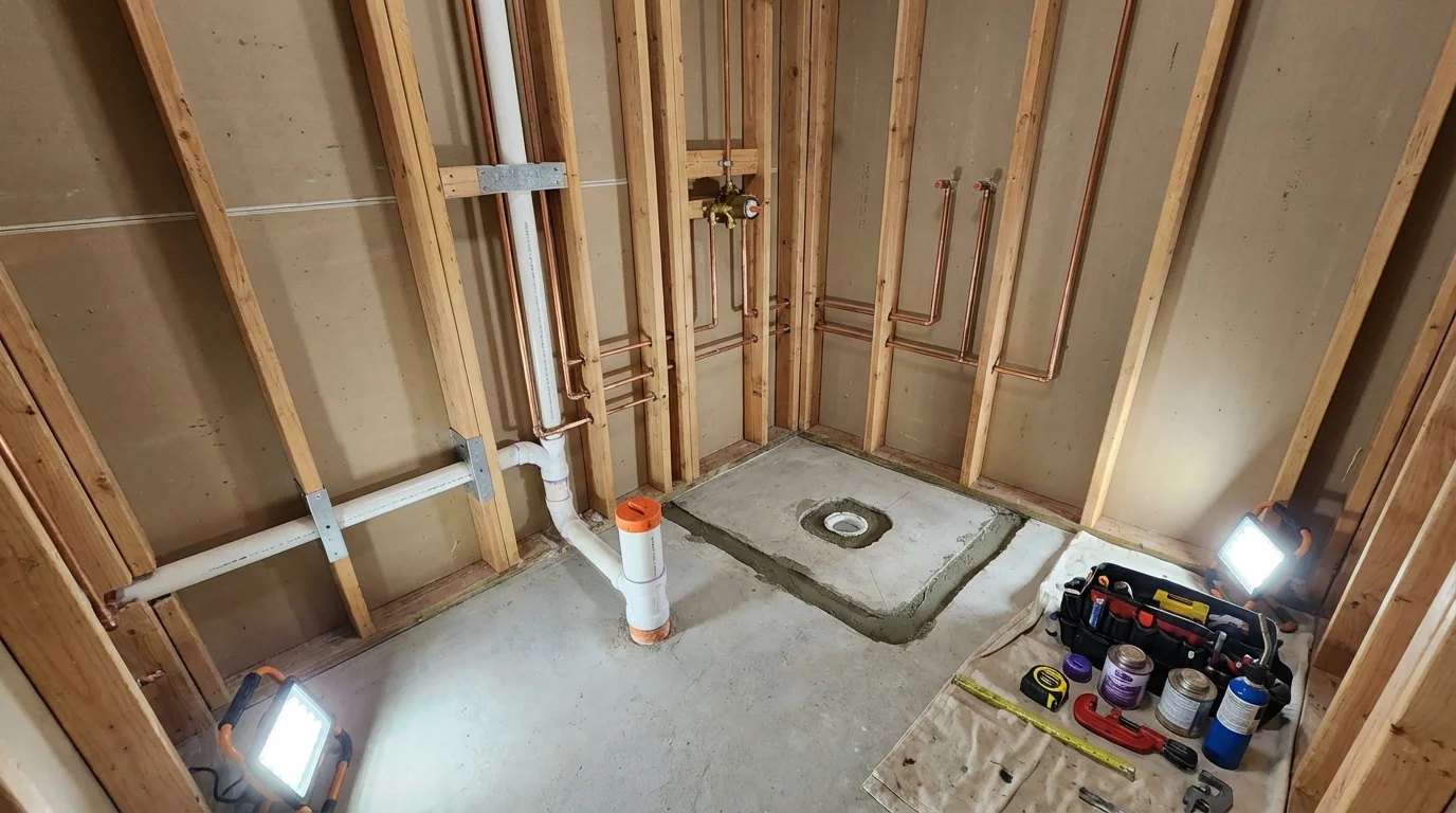 Bathroom rough-in plumbing during remodel by Johns Plumbing LLC in Midland Park