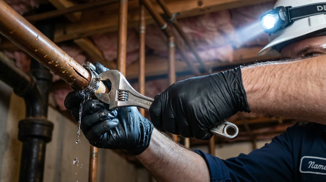 Emergency pipe clamp repair being performed by a Johns Plumbing LLC plumber in Midland Park