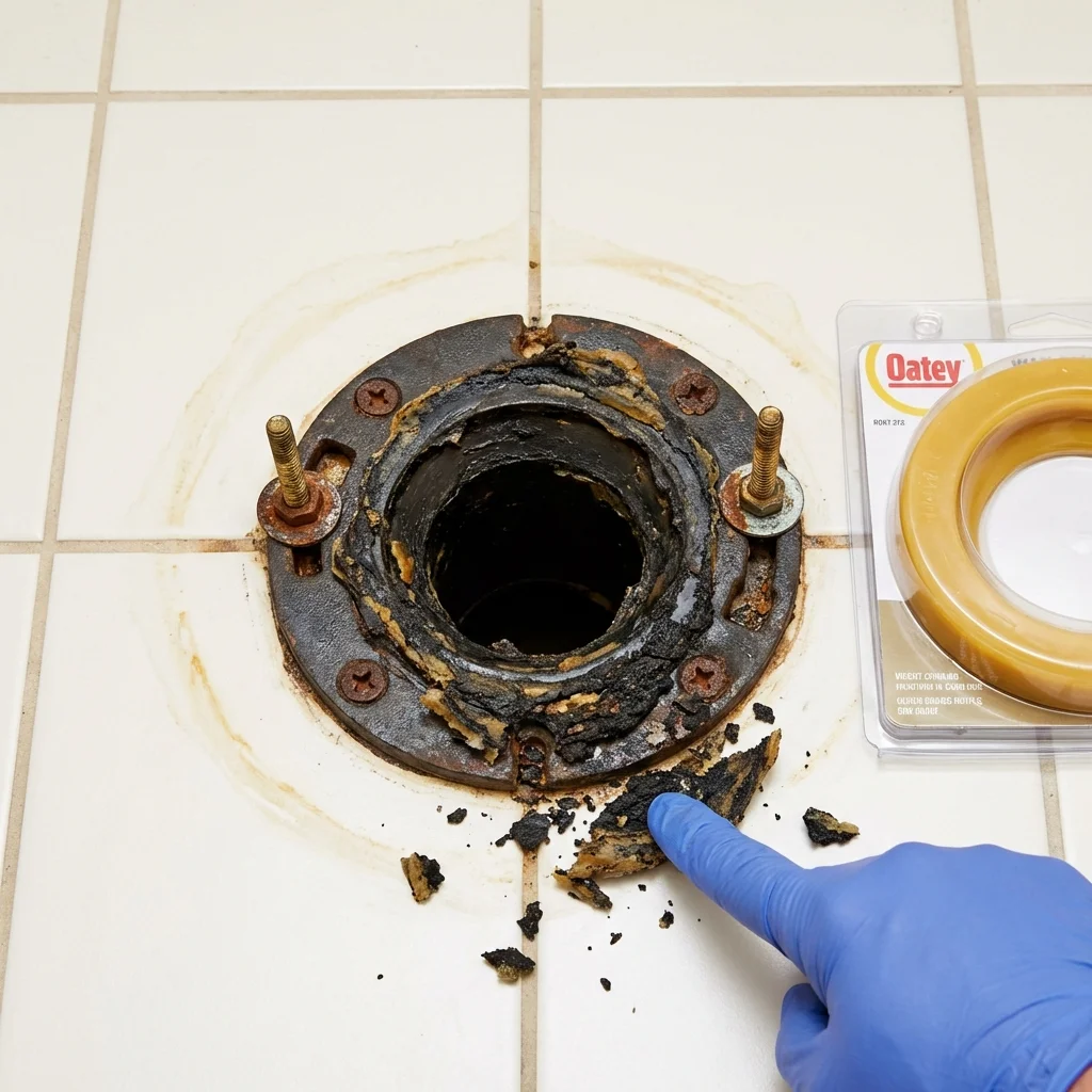 Failed wax ring showing water seepage at the base of a toilet in a Midland Park, NJ home