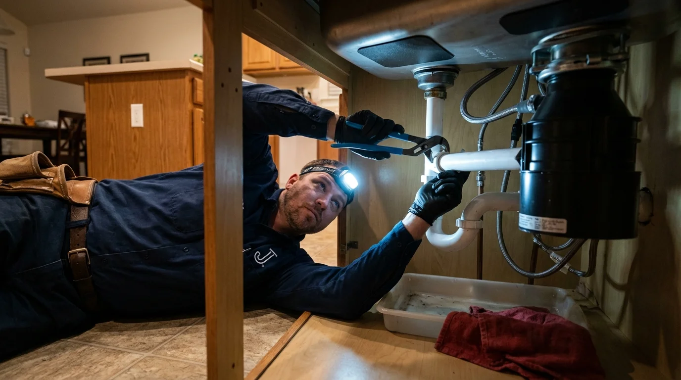 P-trap and supply line connections under a kitchen sink showing a common leak point in Midland Park, NJ